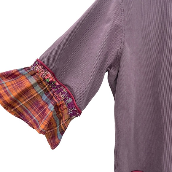 Custom OOAK Upcycled Tunic 3/4 Sleeves Button Up Ruffle Hem Mixed Print | M/L - Picture 6 of 11